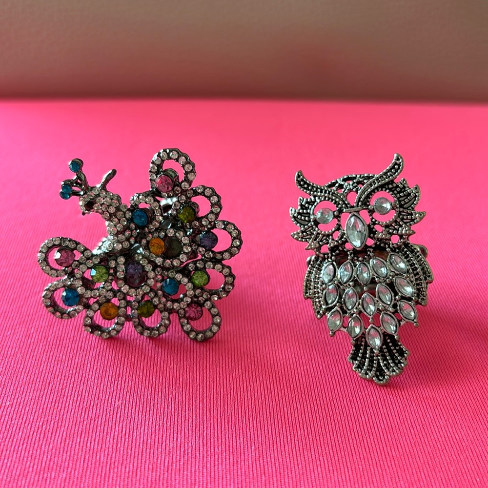 2 Rhinestone Rings Peacock and Owl
